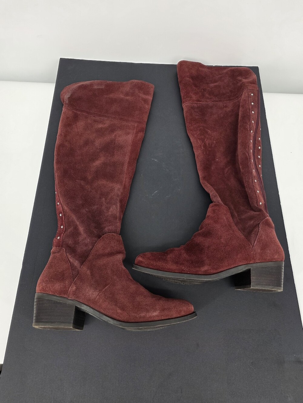 Vince Camuto Burgundy Suede Knee High Riding Boots Studded Accent Women's Shoe 9